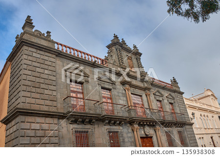 Historic facade of the Nava Palace with volcanic stonework in San Cristobal de La Laguna, Tenerife 135938308