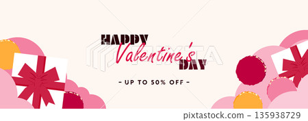 Happy Valentine's Day advertising banner background template (white) decorated with gift boxes and macaroons Happy Valentine's Day advertising banner background template (white) decorated with gift boxes and macaroons 135938729