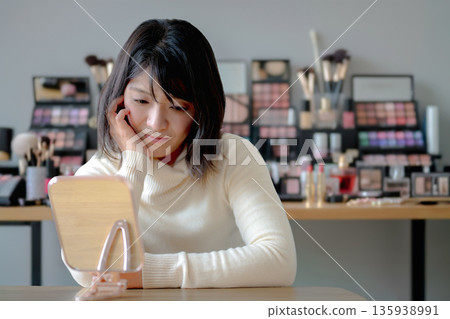 A woman struggling with makeup tools 135938991