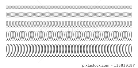 Spiral spring line set. Metal wire coil spring icon collection. Thin zigzag waves symbol. Flexible coil shapes. Loop line seamless pattern. Vector illustration isolated on white background. 135939197
