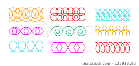 Spiral loop seamless line set. Decoration lace collection. Thin loop waves symbol. Flexible spring coil shapes. Neon loop line ornament pattern. Vector illustration isolated on dark background 135939198