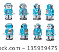 Blue tin robot retro toy placed on a white background. 360-degree angle set. 135939475