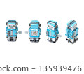Blue tin robot retro toy placed on white background, front, back, left, right, overhead view set 135939476