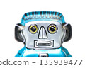 Blue tin robot placed on a white background Retro toy Close-up of the robot's face Front 135939477