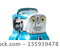 Blue tin robot placed on a white background. Retro toy. Close-up of the robot's face. Facing right. 135939478