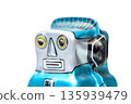 Blue tin robot retro toy placed on white background 135939479