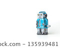 Blue tin robot retro toy on white background. Copy space on the left 135939481