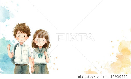 插圖描繪了一男一女國中生為新學期歡呼的場景 135939511