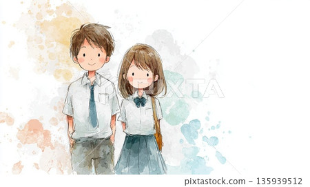 插圖描繪了一男一女國中生為新學期歡呼的場景 135939512