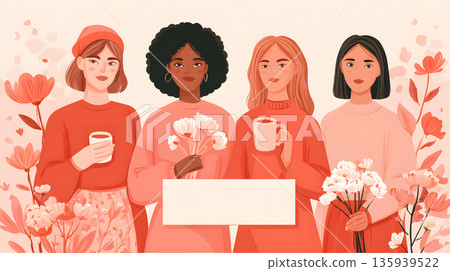 Group of diverse women holding flowers and cups in a floral illustration with copy space 135939522