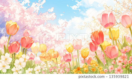 一幅夢幻般的春日景色，鬱金香和櫻花競相綻放。這幅以藍天為背景的水彩插畫非常適合用來當作縮圖。 135939821