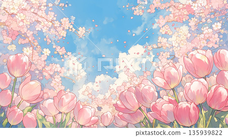 一幅夢幻般的春日景色，鬱金香和櫻花競相綻放。這幅以藍天為背景的水彩插畫非常適合用來當作縮圖。 135939822
