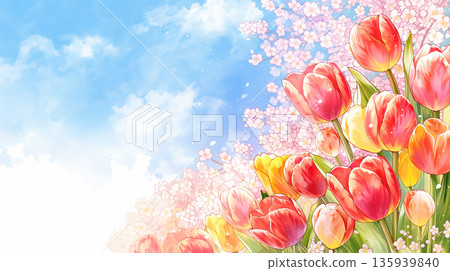 欣賞春日美景:鬱金香花田、櫻花盛開、藍天白雲,盡在水彩畫中。非常適合當季內容創作。 欣賞春日美景:鬱金香花田、櫻花盛開、藍天白雲,盡在水彩畫中。非常適合當季內容創作。 135939840
