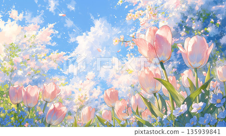 欣賞春日美景：鬱金香花田、櫻花盛開、藍天白雲，盡在水彩畫中。非常適合當季內容創作。 135939841