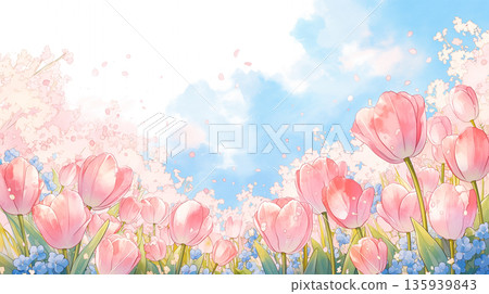 欣賞春日美景：鬱金香花田、櫻花盛開、藍天白雲，盡在水彩畫中。非常適合當季內容創作。 135939843