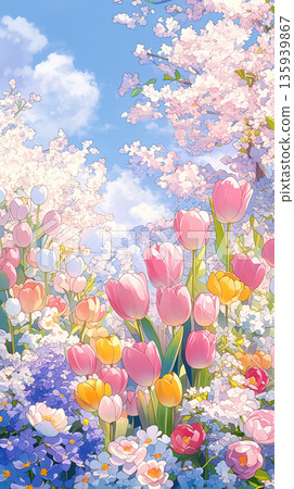 一幅舒緩的水彩風景畫，描繪了春日藍天、鬱金香花田和飄落的櫻花。柔和的筆觸捕捉了春天的氣息。 135939867