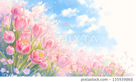 一幅舒緩的水彩風景畫，描繪了春日藍天、鬱金香花田和飄落的櫻花。柔和的筆觸捕捉了春天的氣息。 135939868
