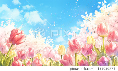 一幅舒緩的水彩風景畫，描繪了春日藍天、鬱金香花田和飄落的櫻花。柔和的筆觸捕捉了春天的氣息。 135939871