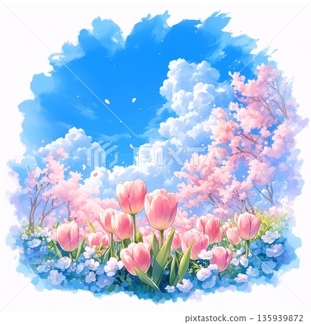一幅舒緩的水彩風景畫，描繪了春日藍天、鬱金香花田和飄落的櫻花。柔和的筆觸捕捉了春天的氣息。 135939872