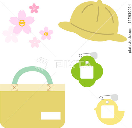 Kindergarten goods illustration set (hat, bag, name tag, cherry blossoms) Kindergarten goods illustration set (hat, bag, name tag, cherry blossoms) 135939914