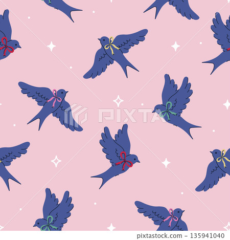 Seamless pattern of flying swallows with bows on their necks. Vector graphics. 135941040