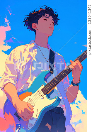 A refreshing blue sky and a male guitarist in a band 135941342