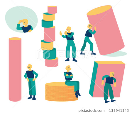 Illustrations of people facing various events such as growth, achievement, economics, business, difficulties, and mental health 135941343