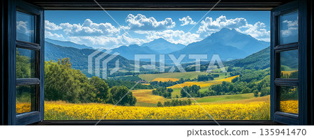 透過窗戶看到的鄉村風景 135941470