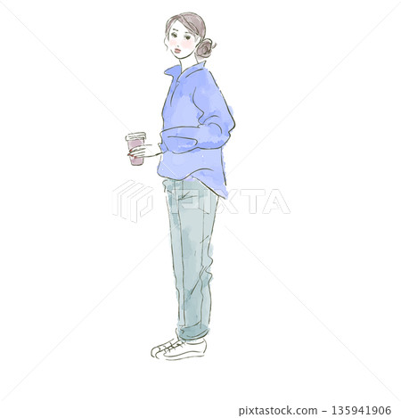 Stylish woman holding coffee watercolor line drawing vector 135941906