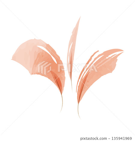 Three abstract watercolor leaves in warm peach tones displayed on a bright white surface. The artistic brushstrokes give a light, airy feel, perfect for gentle designs. 135941969