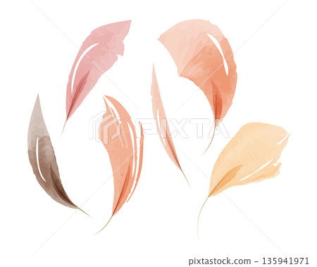 Five delicate watercolor leaves float gracefully against a bright white background. They show a mix of pastel pink, orange, peach, and brown hues. This artistic set captures a gentle, natural feel. Five delicate watercolor leaves float gracefully against a bright white background. They show a mix of pastel pink, orange, peach, and brown hues. This artistic set captures a gentle, natural feel. 135941971