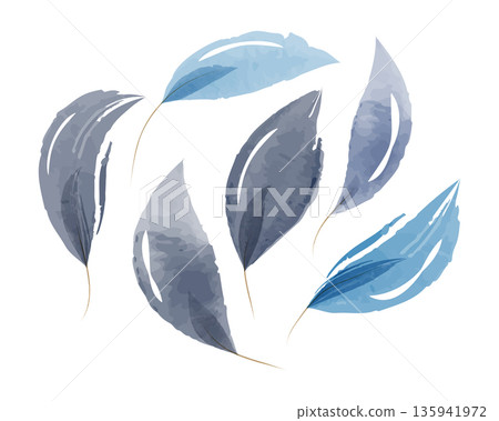 Seven artistic watercolor leaves in shades of blue and gray float across a clean white background. Their soft textures and gentle colors create a serene, natural composition. Seven artistic watercolor leaves in shades of blue and gray float across a clean white background. Their soft textures and gentle colors create a serene, natural composition. 135941972