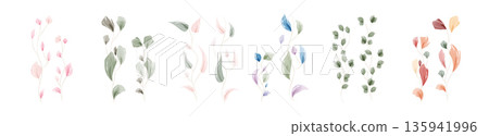 A collection of hand painted watercolor leaves in various styles and colors. This set features delicate botanical elements with soft pink, green, blue, purple, and orange hues. A collection of hand painted watercolor leaves in various styles and colors. This set features delicate botanical elements with soft pink, green, blue, purple, and orange hues. 135941996