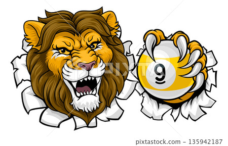Lion and 9 Ball Nine Ball Pool Cartoon Mascot Lion and 9 Ball Nine Ball Pool Cartoon Mascot 135942187