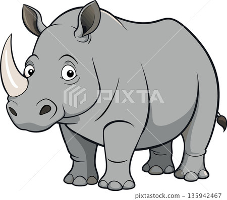 Cartoon rhinoceros standing and looking forward with large horn 135942467