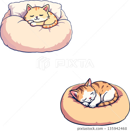 Two cute kittens sleeping peacefully in soft beds Two cute kittens sleeping peacefully in soft beds 135942468