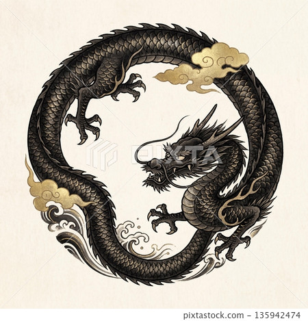 一條日式黑龍繞圈遊動 135942474