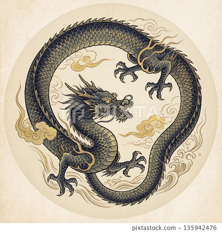 一隻藍色的龍被畫在一個圓圈裡,周圍環繞著雲朵。 一隻藍色的龍被畫在一個圓圈裡,周圍環繞著雲朵。 135942476
