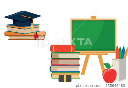Graduation hat on books with blackboard, crayons and apples representing education Graduation hat on books with blackboard, crayons and apples representing education 135942483
