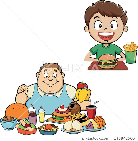 Obese man eating a lot compared to a fit boy eating correctly 135942500