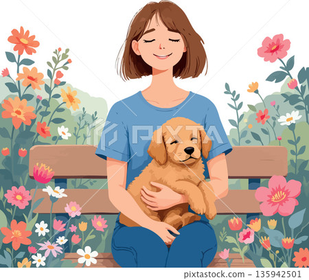 Woman hugging puppy on bench in blooming garden 135942501