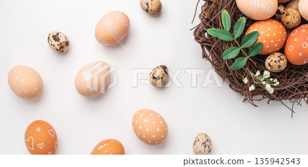 Easter nest with hand-painted eggs on a light background 135942543
