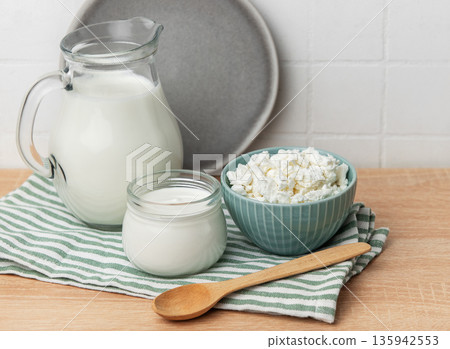 Fresh dairy products with milk yogurt and cottage cheese Fresh dairy products with milk yogurt and cottage cheese 135942553