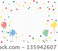 氣球、彩帶和網格線背景（紅、藍、綠、黃）的插圖 135942607