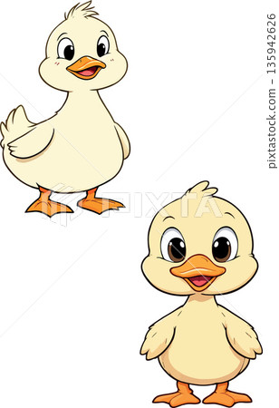 Two cute cartoon ducklings standing and smiling Two cute cartoon ducklings standing and smiling 135942626