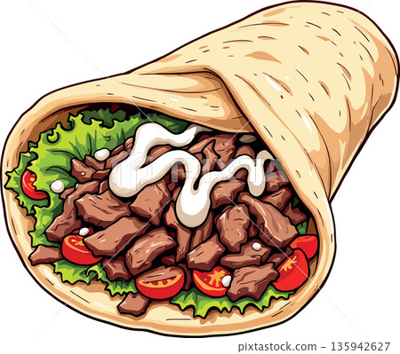 Delicious doner kebab wrap with meat, lettuce, tomatoes and white sauce Delicious doner kebab wrap with meat, lettuce, tomatoes and white sauce 135942627