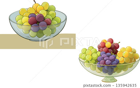 Glass bowls overflowing with colorful grapes on a table Glass bowls overflowing with colorful grapes on a table 135942635