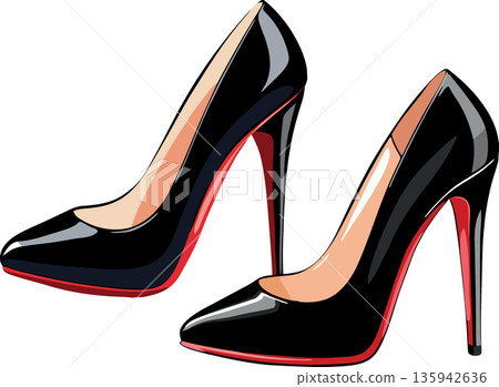 Pair of black high heels resting on white background 135942636