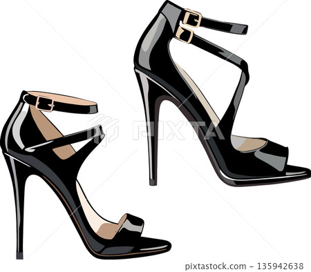 Pair of black patent leather high heel sandals standing on white background 135942638