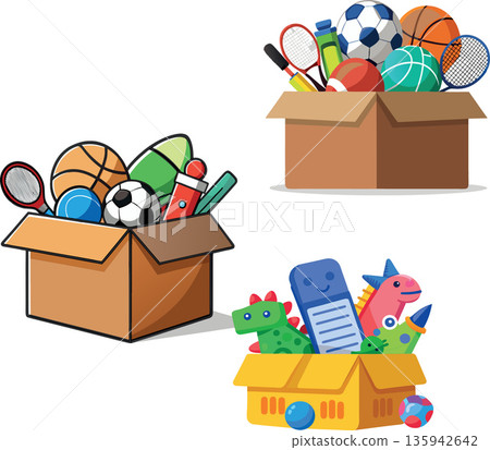 Cardboard boxes overflowing with toys for donation, moving, or storage Cardboard boxes overflowing with toys for donation, moving, or storage 135942642